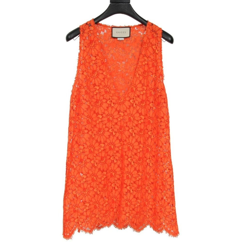 Gucci Womens V Neck IT42 M Orange Floral Corded Lace Scalloped Sleeveless Top
